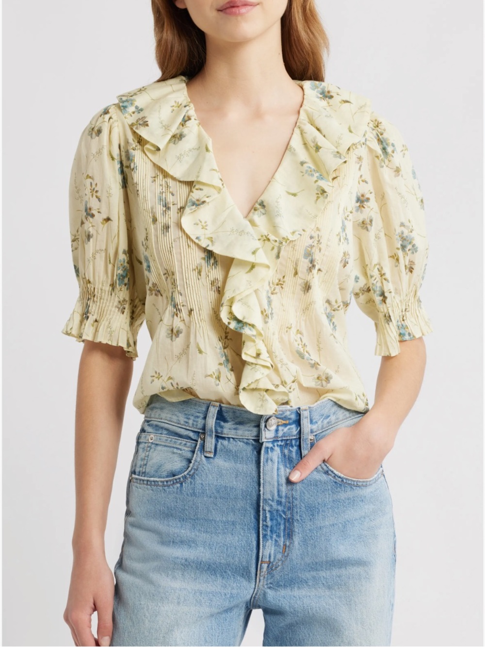 Doen Pale Yellow Floral Ruffle V-Neck Blouse
